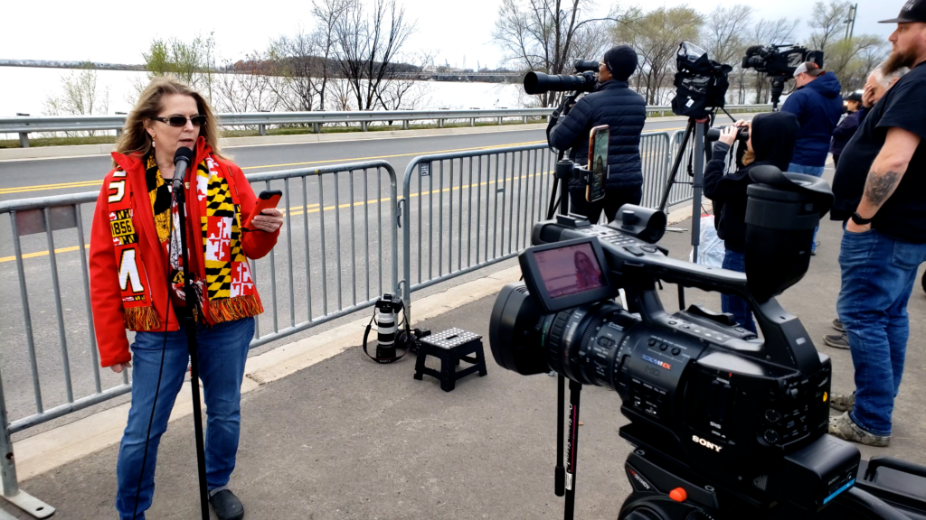 U.S. Senate candidate Lorie Friend holds press conference at Francis Scott Key Bridge press area.